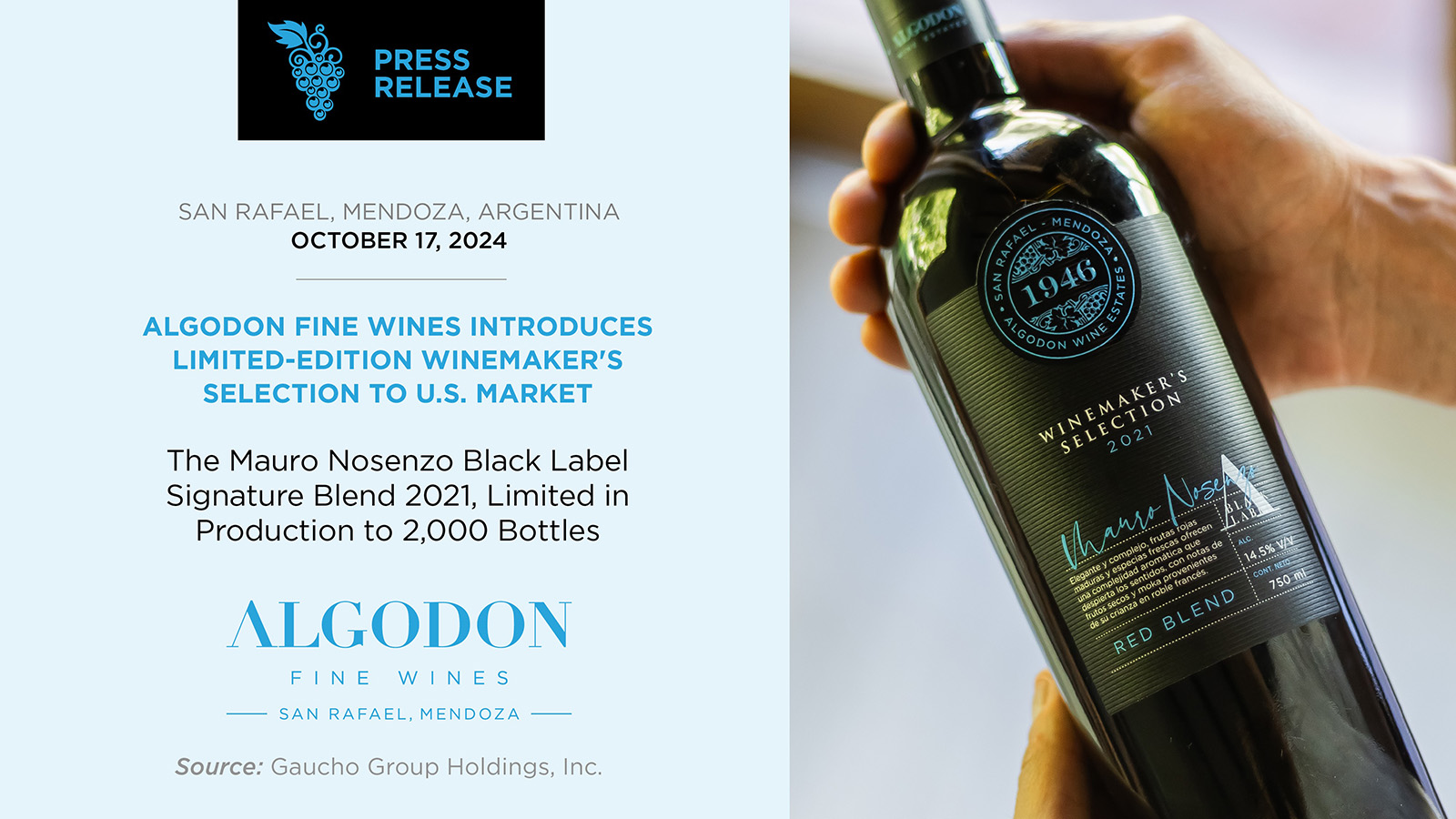 SAN RAFAEL, MENDOZA, ARGENTINA / October 17, 2024  ALGODON FINE WINES INTRODUCES LIMITED-EDITION WINEMAKER'S SELECTION TO U.S. MARKET The Mauro Nosenzo Black Label Signature Blend 2021, Limited in Production to 2,000 Bottles